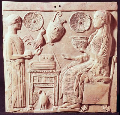 Plaque depicting a woman offering gifts to a seated woman, from Locres by Greek